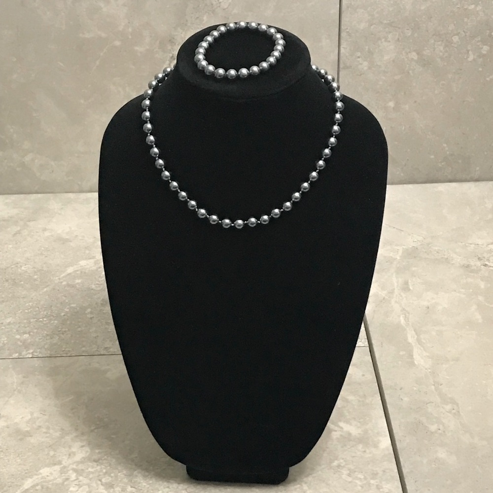 Black Faux Pearl Necklace and Bracelet Set